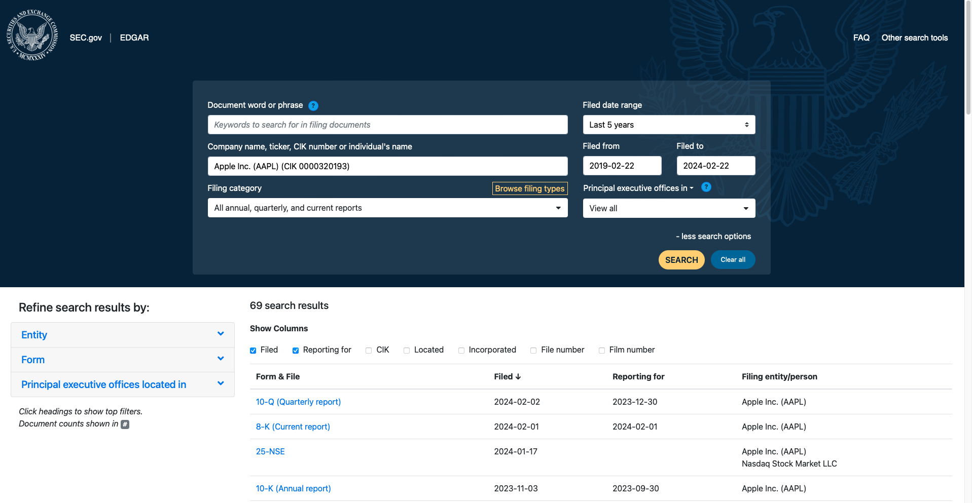 Ejemplo de una búsqueda en EDGAR